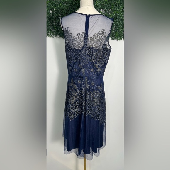 Tahari Arthur Levine Gold Floral Bodice Navy Blue Tulle Dress Size 14 Fit Flare - Picture 8 of 16